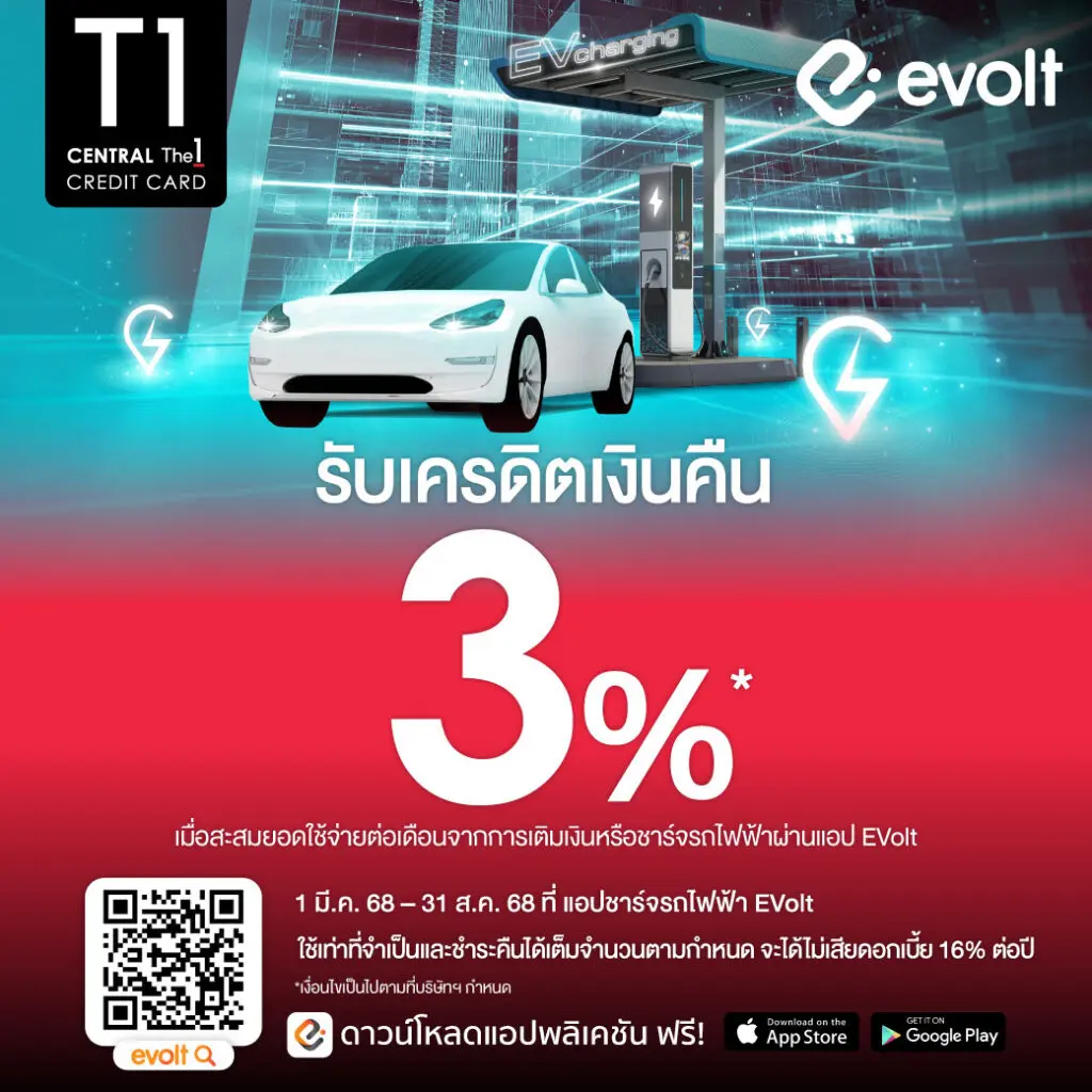 ลูกค้า Evolt เติมเงินค่าชาร์จผ่าน บัตรเครดิต Central The1 Cashback 3%*